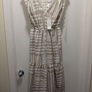 Calvin Klein Beige & White Striped V-Neck Maxi Dress